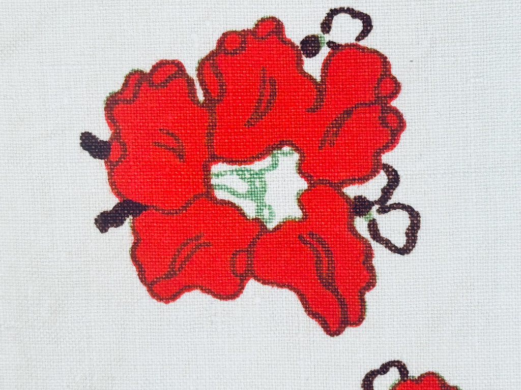 Vintage 1950s Mid-Century Red Floral Linen Square Tablecloth  Vintage Botanical Dining Linen - 34" x 34"