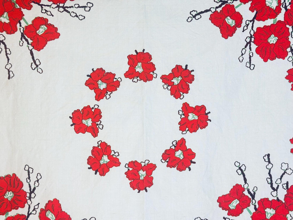 Vintage 1950s Mid-Century Red Floral Linen Square Tablecloth  Vintage Botanical Dining Linen - 34" x 34"