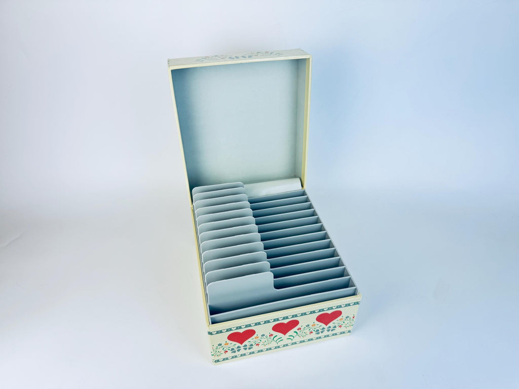 Vintage 1970s Cream & Red Folk Heart Card-File Box with Dividers  Retro Kitchen or Desk Storage