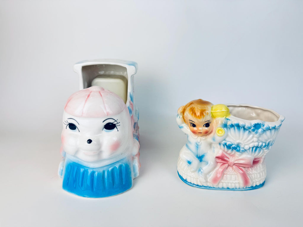 Vintage 1950S Pastel Ceramic Musical Train Planter & Ceramic Shoe Planter — Mid-Century Japan Plant Pot - Baby Nursery Gift