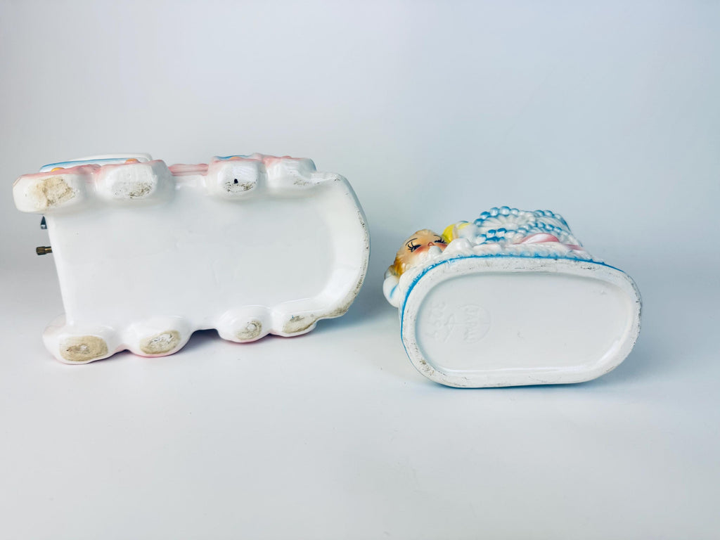 Vintage 1950S Pastel Ceramic Musical Train Planter & Ceramic Shoe Planter — Mid-Century Japan Plant Pot - Baby Nursery Gift