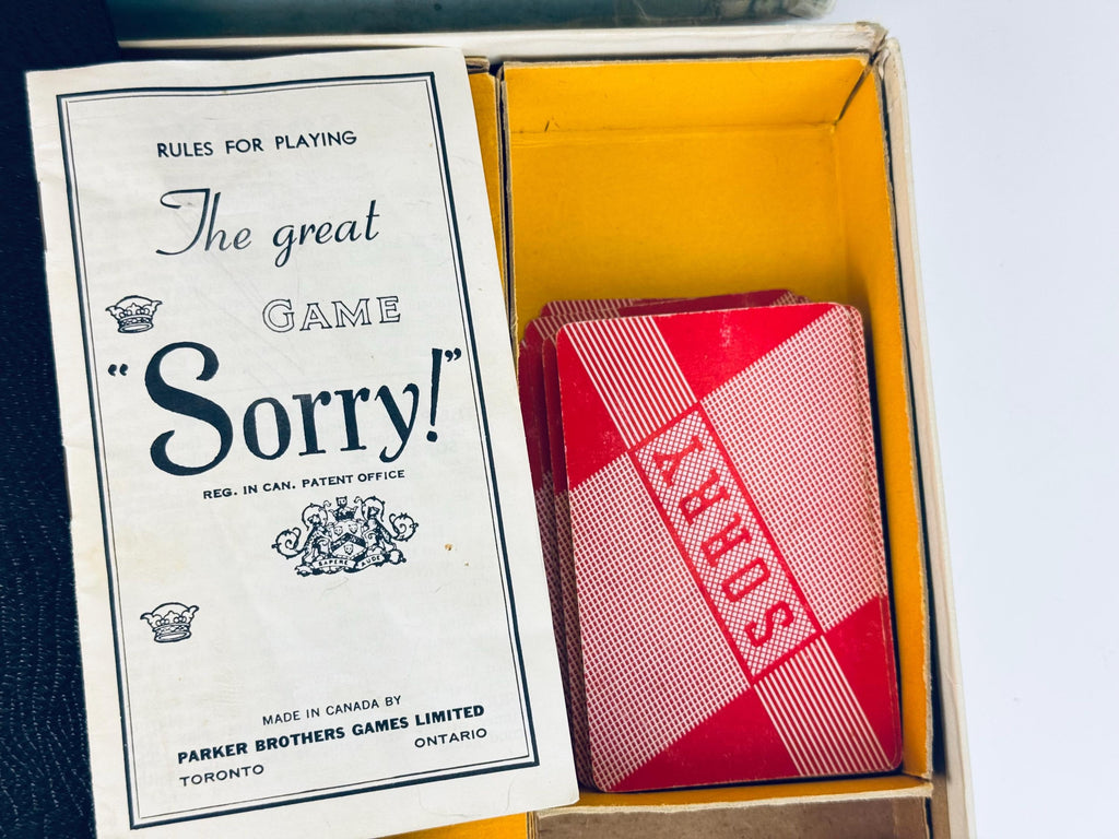 Vintage 1950s Sorry! Board Game  Canadian Edition, Blue Box with Cards & Plastic Pawns  Mid-Century Family Game