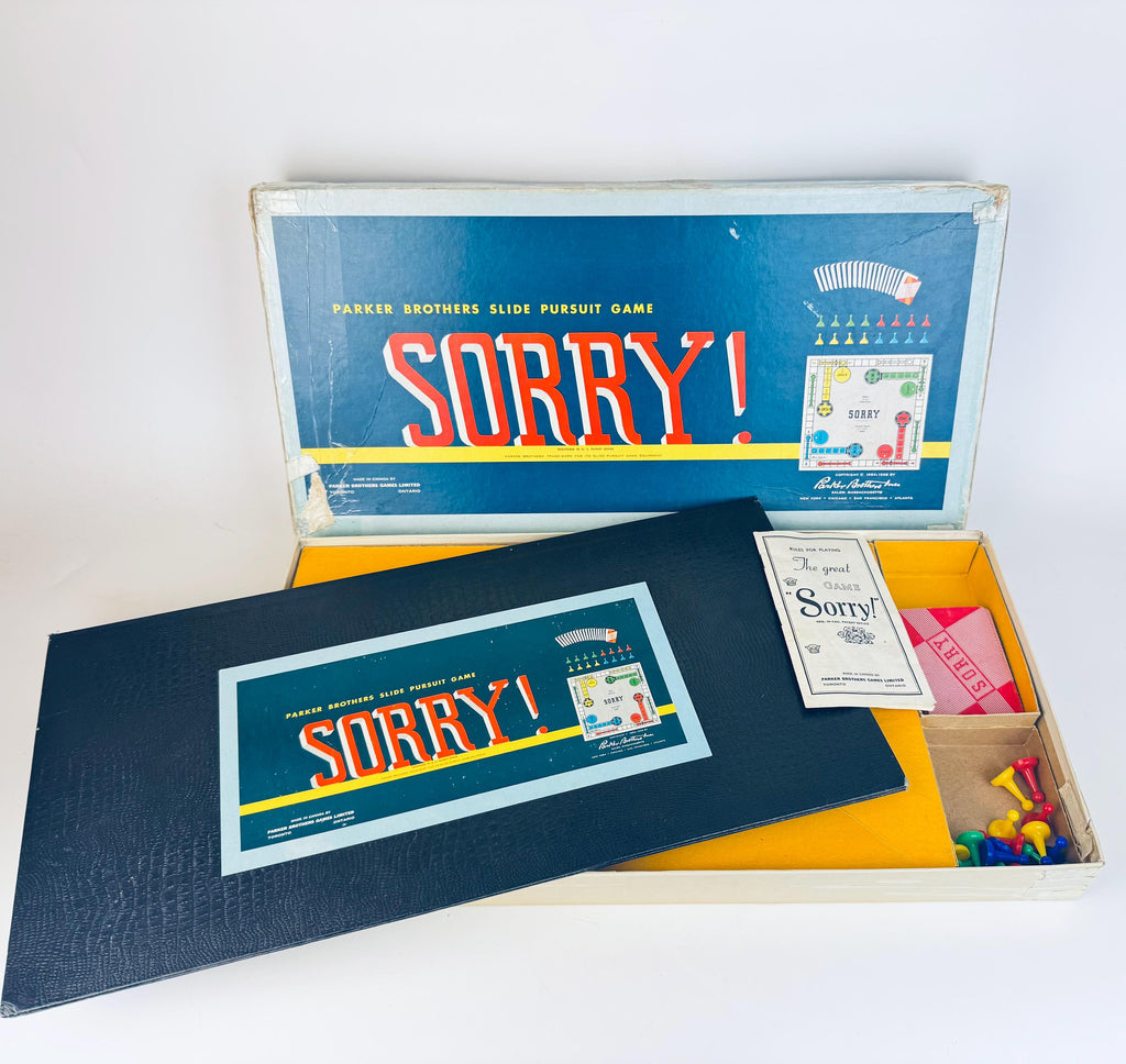 Vintage 1950s Sorry! Board Game  Canadian Edition, Blue Box with Cards & Plastic Pawns  Mid-Century Family Game