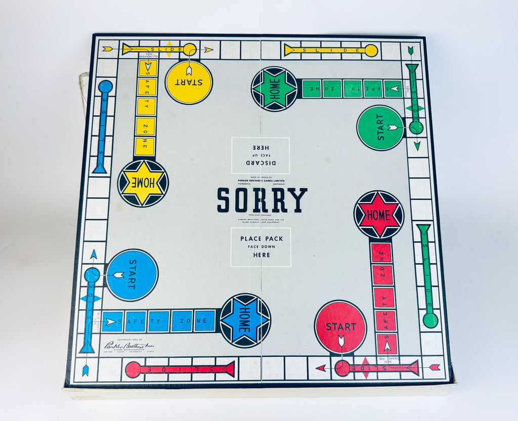 Vintage 1950s Sorry! Board Game  Canadian Edition, Blue Box with Cards & Plastic Pawns  Mid-Century Family Game