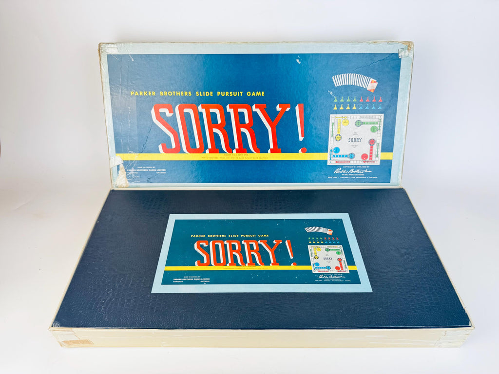 Vintage 1950s Sorry! Board Game  Canadian Edition, Blue Box with Cards & Plastic Pawns  Mid-Century Family Game