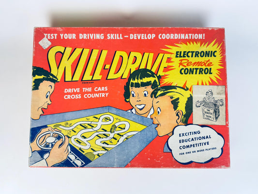 Vintage 'Skill-Drive' toy packaging with colorful graphics and text on a white background