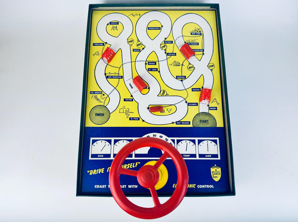 Vintage 1950s Magnetic Skill-Drive Board Game  Drive Yourself Cross Country  Made In USA