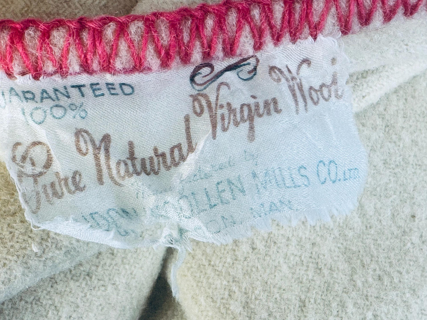 Vintage 'Brandon Wollen Mills' Beige + Pink Striped 'Pure Virgin Natural Wool' Blanket - 64" x 80" (Twin XL) - Made In Canada