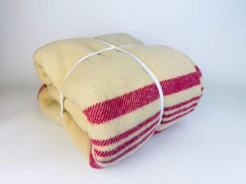 Vintage 'Brandon Wollen Mills' Beige + Pink Striped 'Pure Virgin Natural Wool' Blanket - 64" x 80" (Twin XL) - Made In Canada