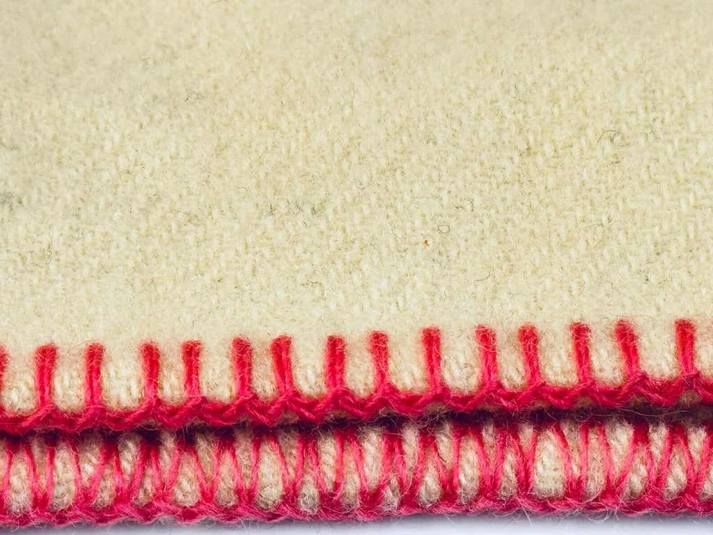 Vintage 'Brandon Wollen Mills' Beige + Pink Striped 'Pure Virgin Natural Wool' Blanket - 64" x 80" (Twin XL) - Made In Canada