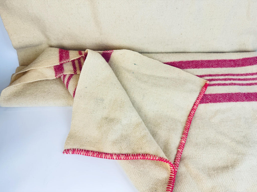 Vintage 'Brandon Wollen Mills' Beige + Pink Striped 'Pure Virgin Natural Wool' Blanket - 64" x 80" (Twin XL) - Made In Canada