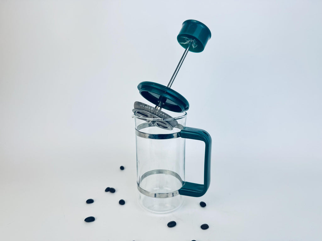 Vintage 1980s Forest Green 'PYREX' Glass French Press Coffee Maker with Stainless Bands  Retro Cafetiere