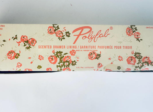 Floral-patterned scented drawer lining with 'Polyfab' branding on a white background