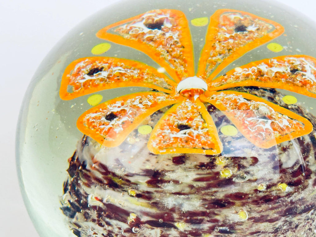 Vintage 1970s Floral Art Glass Paperweight  Encased Frit & Controlled Bubble Design