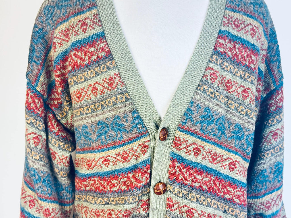 Vintage 1980s Mens Fair Isle Wool Knit Cardigan  Oversize Large/X-Large - Sage Green, Rust & Sky, Lined Sweater Jacket