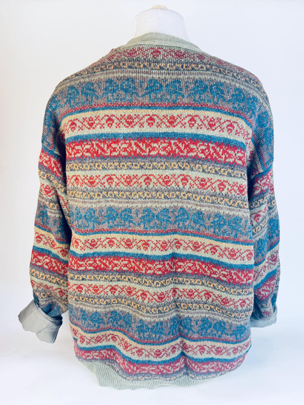 Vintage 1980s Mens Fair Isle Wool Knit Cardigan  Oversize Large/X-Large - Sage Green, Rust & Sky, Lined Sweater Jacket