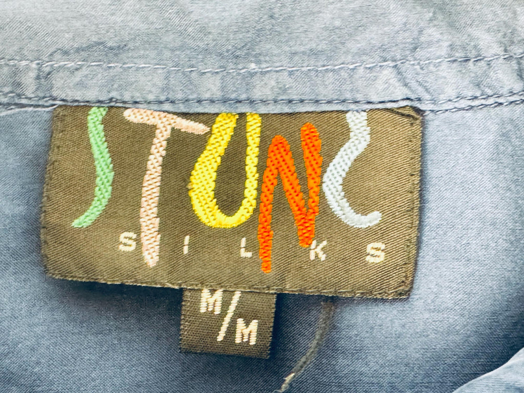 Vintage 1990s Mens Cobalt Blue 100% Silk Short Sleeve Shirt - 'Stone Silks' Button Up Casual Overshirt