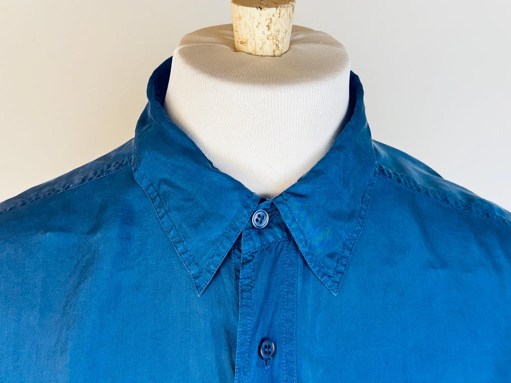Vintage 1990s Mens Cobalt Blue 100% Silk Short Sleeve Shirt - 'Stone Silks' Button Up Casual Overshirt