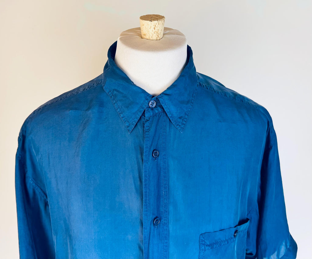 Vintage 1990s Mens Cobalt Blue 100% Silk Short Sleeve Shirt - 'Stone Silks' Button Up Casual Overshirt