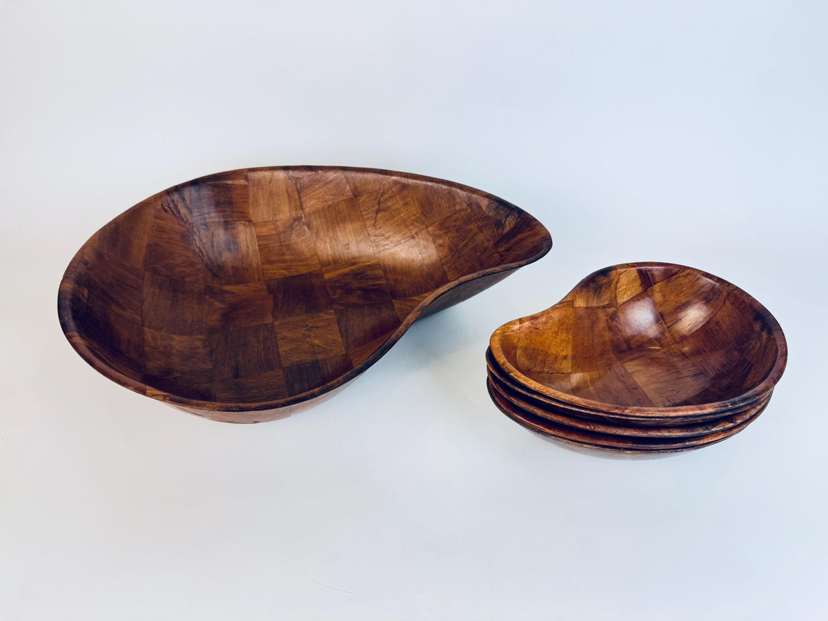 Vintage Teardrop Parquet Wooden Bowl Set  1970s-1980s Laminated Wood Serving & Salad Bowls