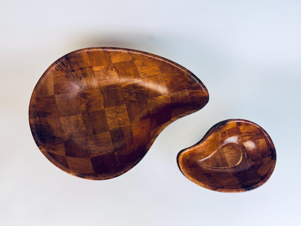 Vintage Teardrop Parquet Wooden Bowl Set  1970s-1980s Laminated Wood Serving & Salad Bowls