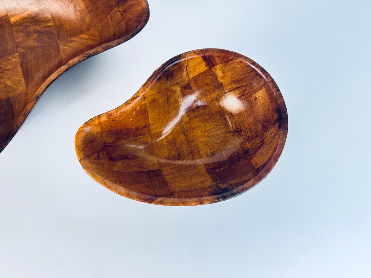 Vintage Teardrop Parquet Wooden Bowl Set  1970s-1980s Laminated Wood Serving & Salad Bowls