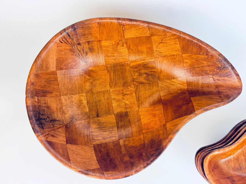 Vintage Teardrop Parquet Wooden Bowl Set  1970s-1980s Laminated Wood Serving & Salad Bowls