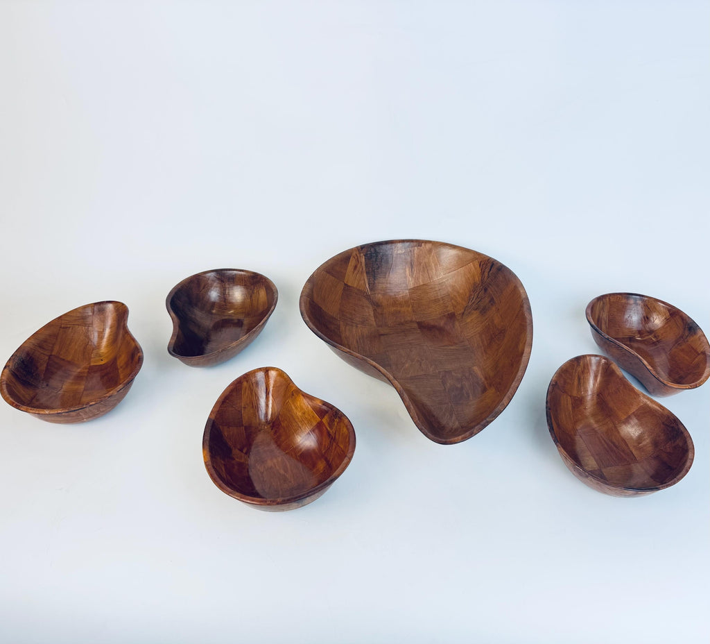 Vintage Teardrop Parquet Wooden Bowl Set  1970s-1980s Laminated Wood Serving & Salad Bowls