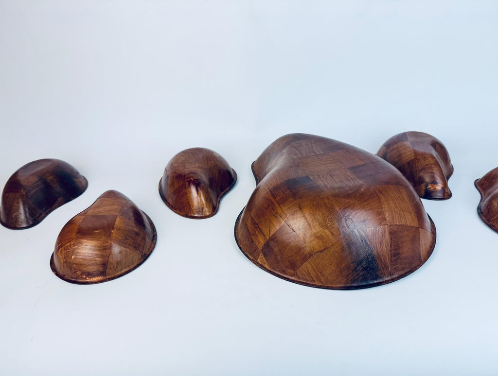 Vintage Teardrop Parquet Wooden Bowl Set  1970s-1980s Laminated Wood Serving & Salad Bowls