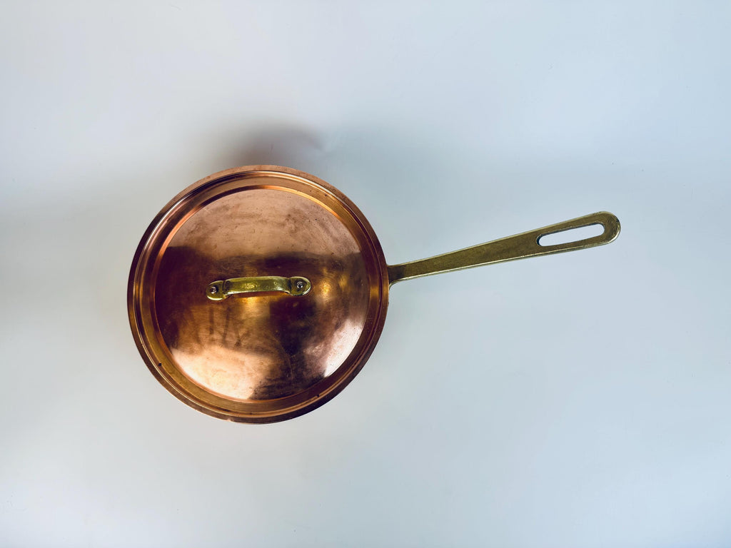Vintage Tagus Elite Copper Sauté Pan with Lid  9 Tin Lined Brass Handle Cookware  Made in Portugal