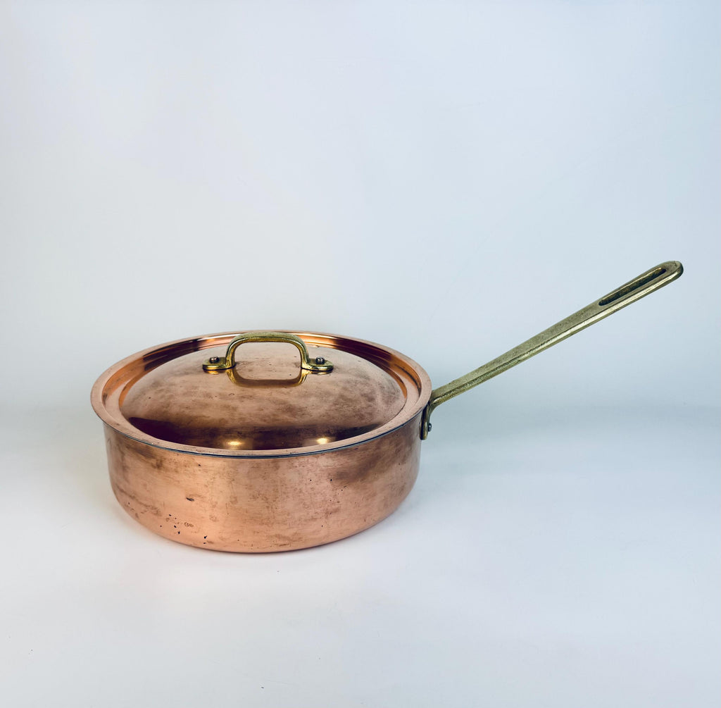 Vintage Tagus Elite Copper Sauté Pan with Lid  9 Tin Lined Brass Handle Cookware  Made in Portugal