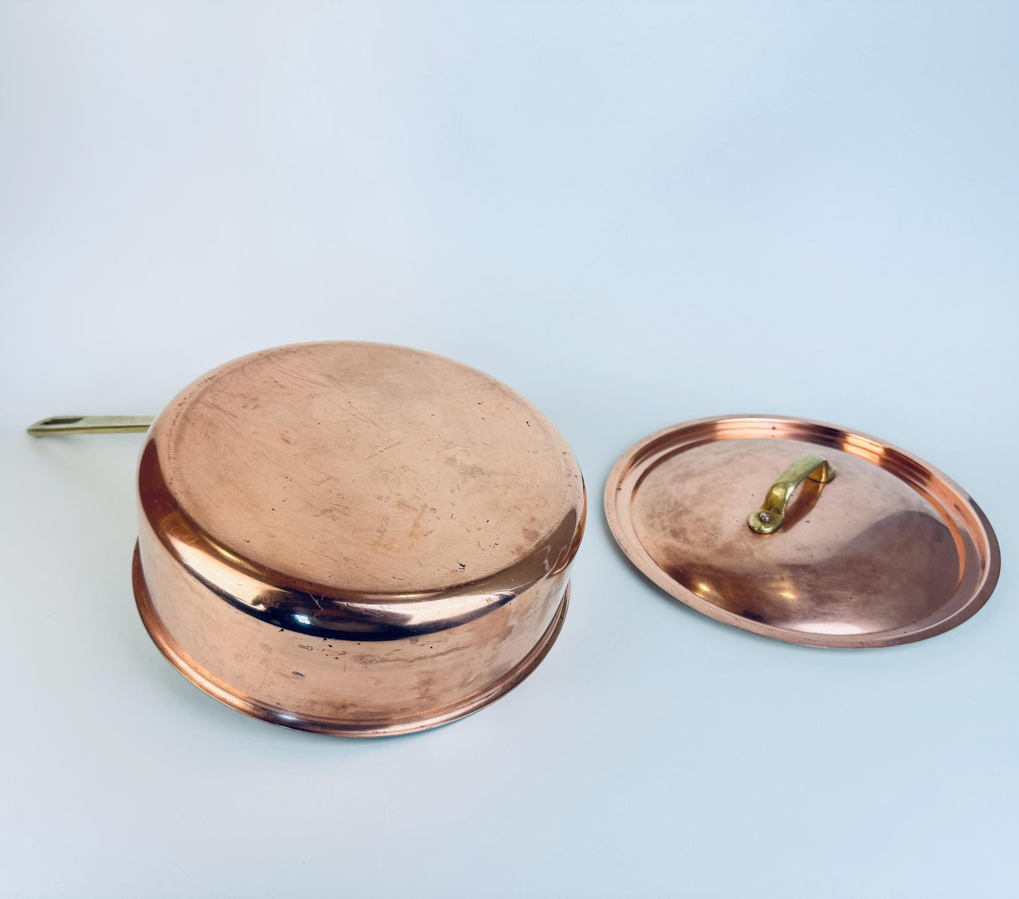 Vintage Tagus Elite Copper Sauté Pan with Lid  9 Tin Lined Brass Handle Cookware  Made in Portugal