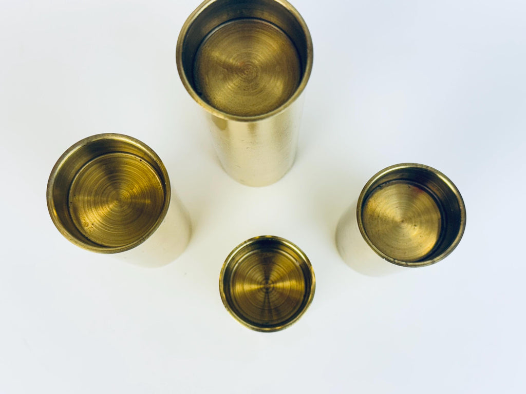 Vintage Sleek Brass Cylinder Candle Holders  1970s Gold Tone Architectural Accent - Made In Portugal