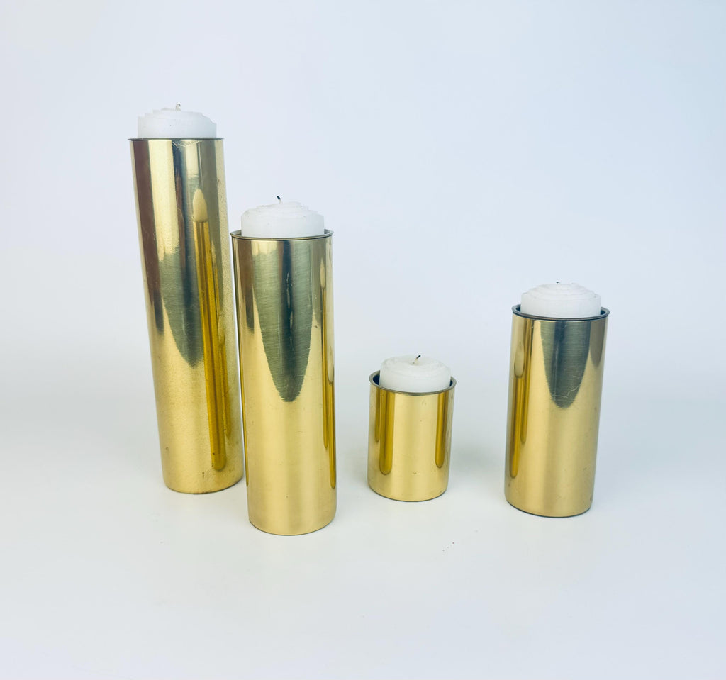 Vintage Sleek Brass Cylinder Candle Holders  1970s Gold Tone Architectural Accent - Made In Portugal
