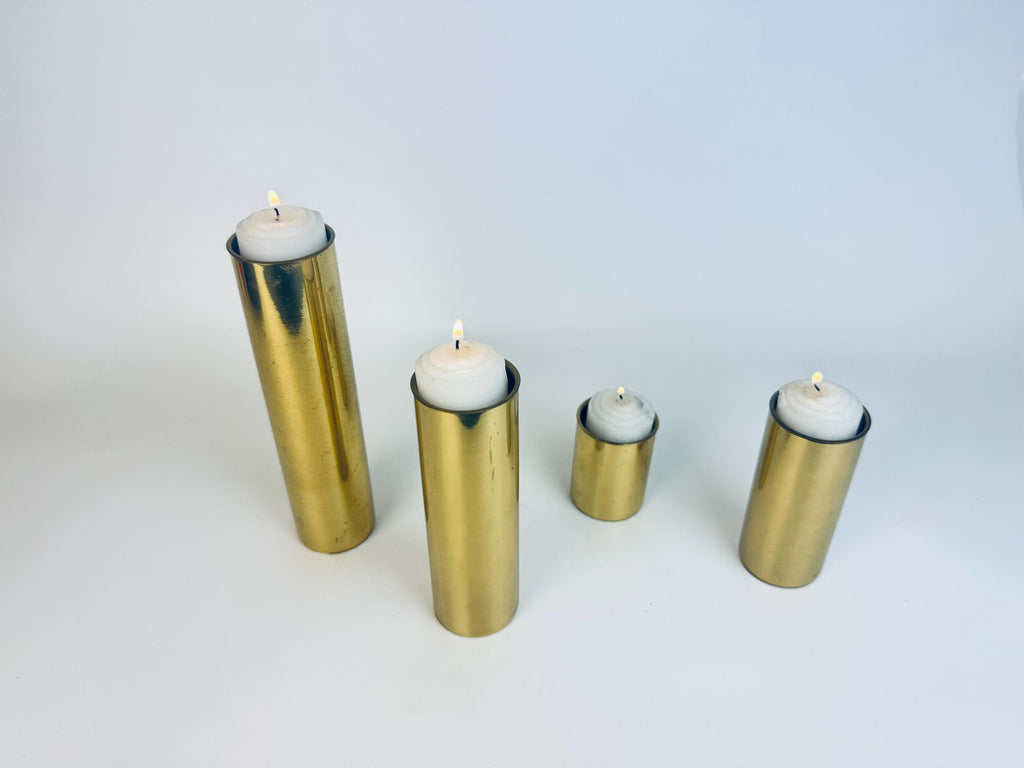Vintage Sleek Brass Cylinder Candle Holders  1970s Gold Tone Architectural Accent - Made In Portugal
