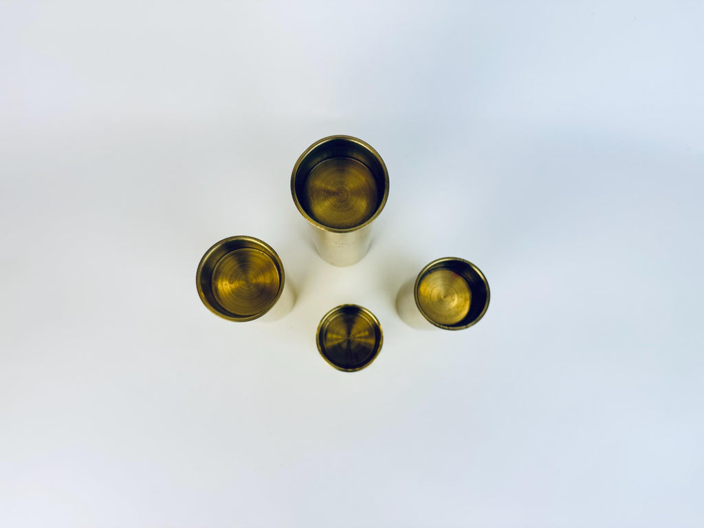 Vintage Sleek Brass Cylinder Candle Holders  1970s Gold Tone Architectural Accent - Made In Portugal