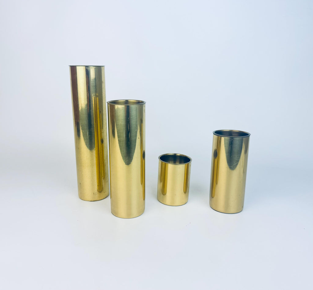 Vintage Sleek Brass Cylinder Candle Holders  1970s Gold Tone Architectural Accent - Made In Portugal