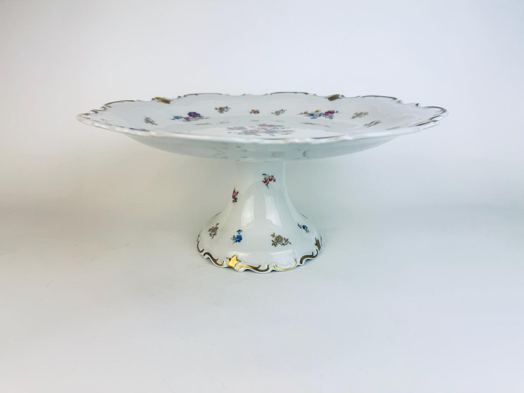 Vintage Reichenbach Fine China Cake Stand  White & Gold Floral 1970s Porcelain Pedestal  Made In Germany