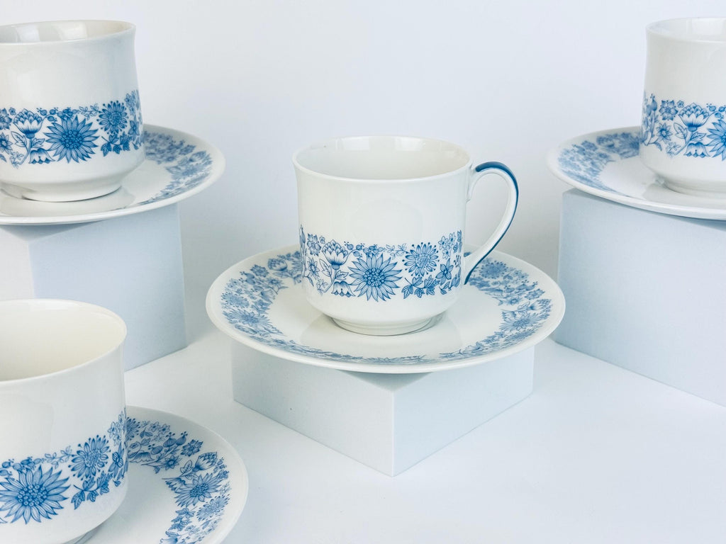 Vintage 1960s-70s Royal Doulton Cranbourne Blue & White Bone China Tea Set - Made In England