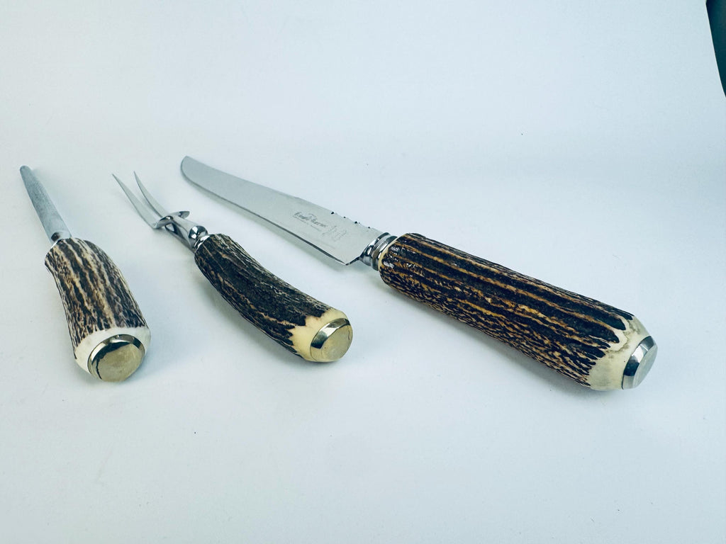 Vintage 1960s Glo-Hill Sheffield Stag Horn Carving Set with Antler Handles  Duracut Stainless Steel in Box - Made In Sheffield England
