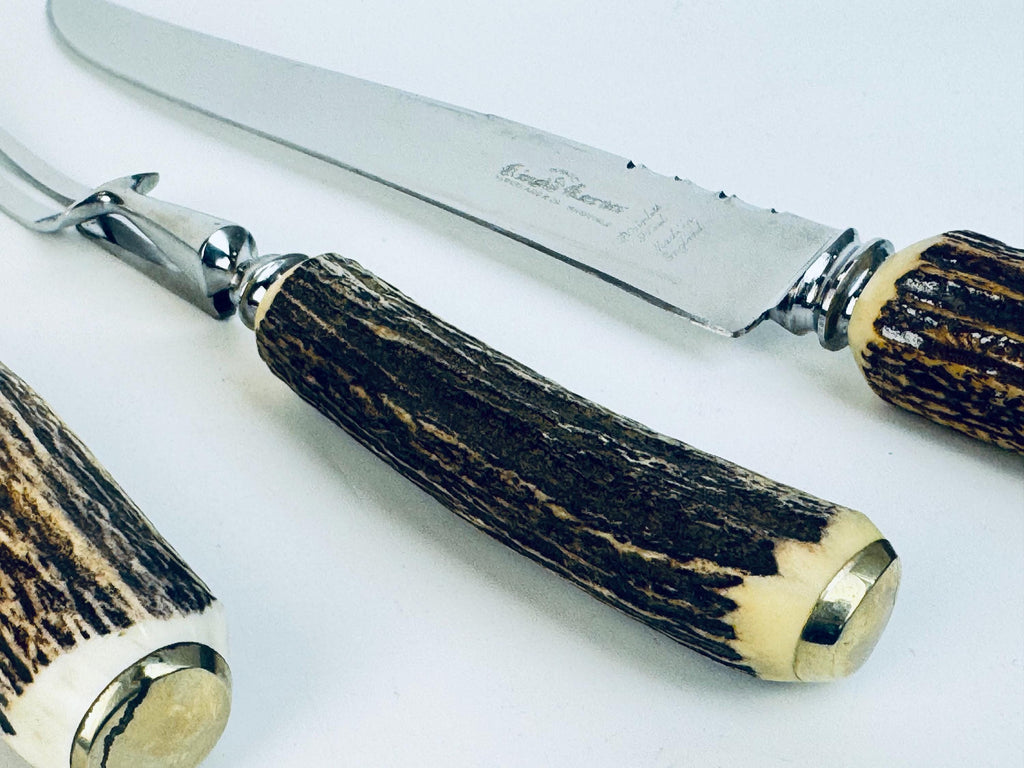 Vintage 1960s Glo-Hill Sheffield Stag Horn Carving Set with Antler Handles  Duracut Stainless Steel in Box - Made In Sheffield England