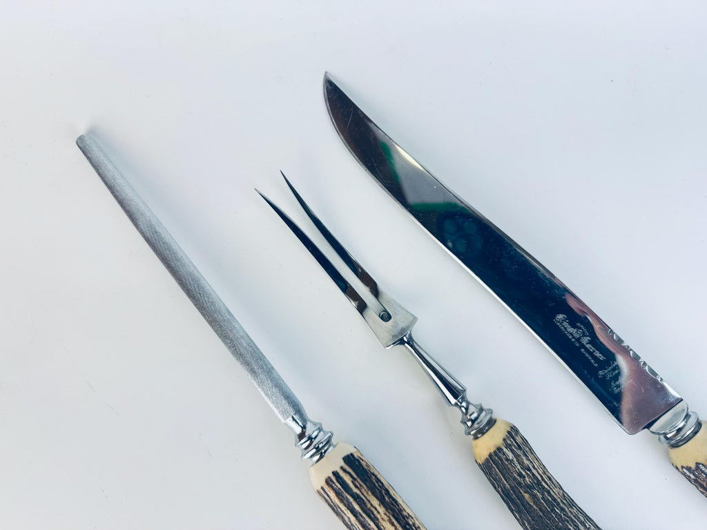 Vintage 1960s Glo-Hill Sheffield Stag Horn Carving Set with Antler Handles  Duracut Stainless Steel in Box - Made In Sheffield England