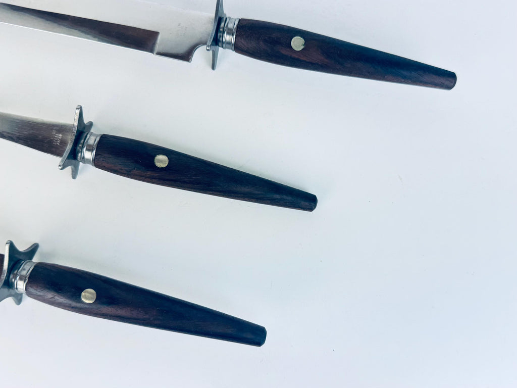 Vintage 1960s Rosewood Handle Carving Set Stainless Steel Japan for Holiday Serving - Made In Japan