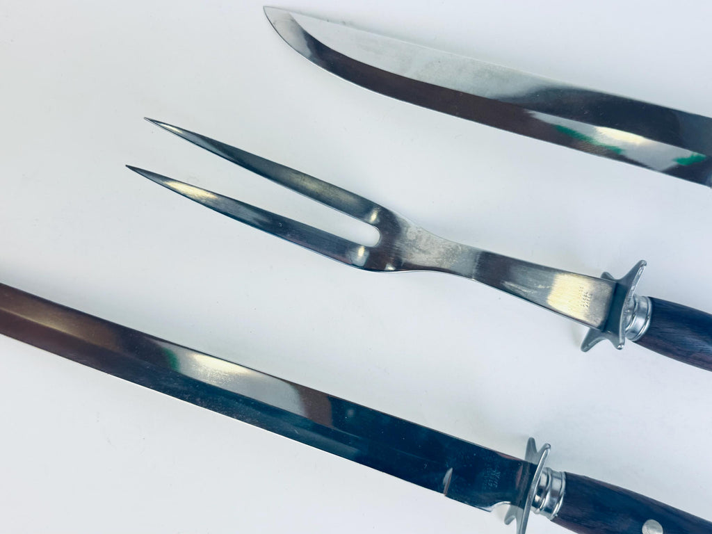 Vintage 1960s Rosewood Handle Carving Set Stainless Steel Japan for Holiday Serving - Made In Japan