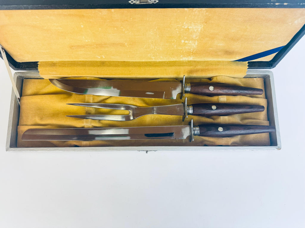 Vintage 1960s Rosewood Handle Carving Set Stainless Steel Japan for Holiday Serving - Made In Japan