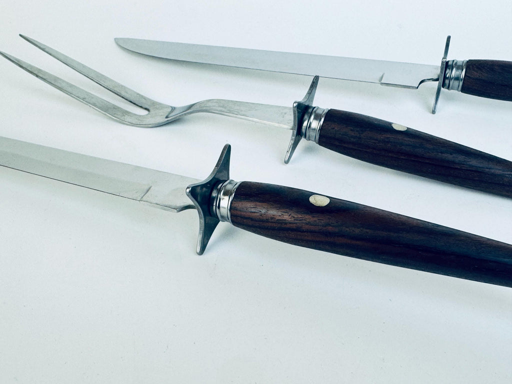 Vintage 1960s Rosewood Handle Carving Set Stainless Steel Japan for Holiday Serving - Made In Japan