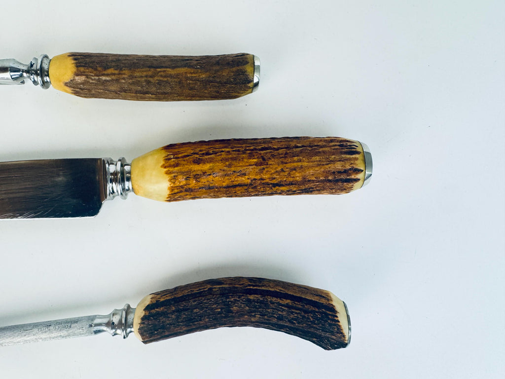 Vintage 1950s Birks Sheffield Stainless Steel Antler-Handle Carving Set (3-Piece) for Dining - Made In England