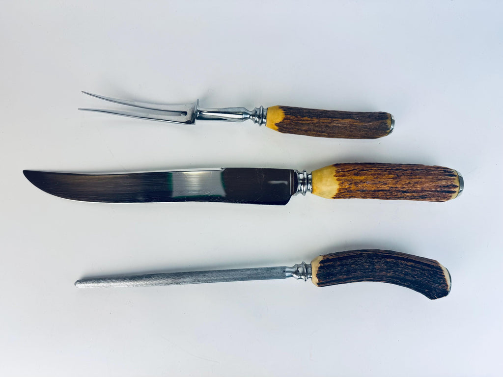 Vintage 1950s Birks Sheffield Stainless Steel Antler-Handle Carving Set (3-Piece) for Dining - Made In England