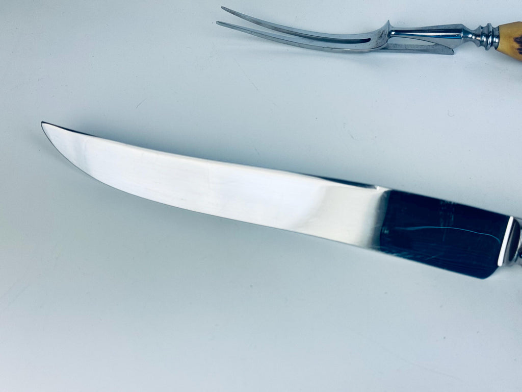 Vintage 1950s Birks Sheffield Stainless Steel Antler-Handle Carving Set (3-Piece) for Dining - Made In England