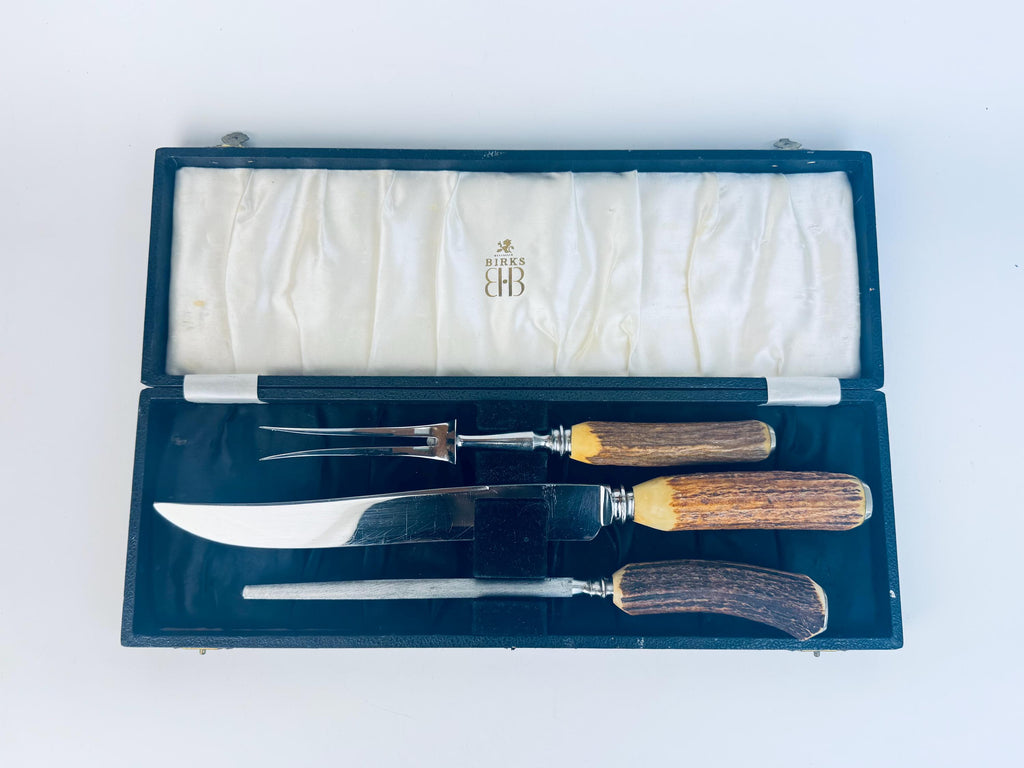 Vintage 1950s Birks Sheffield Stainless Steel Antler-Handle Carving Set (3-Piece) for Dining - Made In England